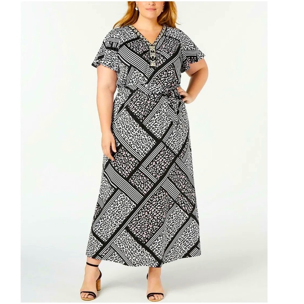 NY Collection Womens Petite Plus 1XP Black Embellished Printed Maxi Dress
